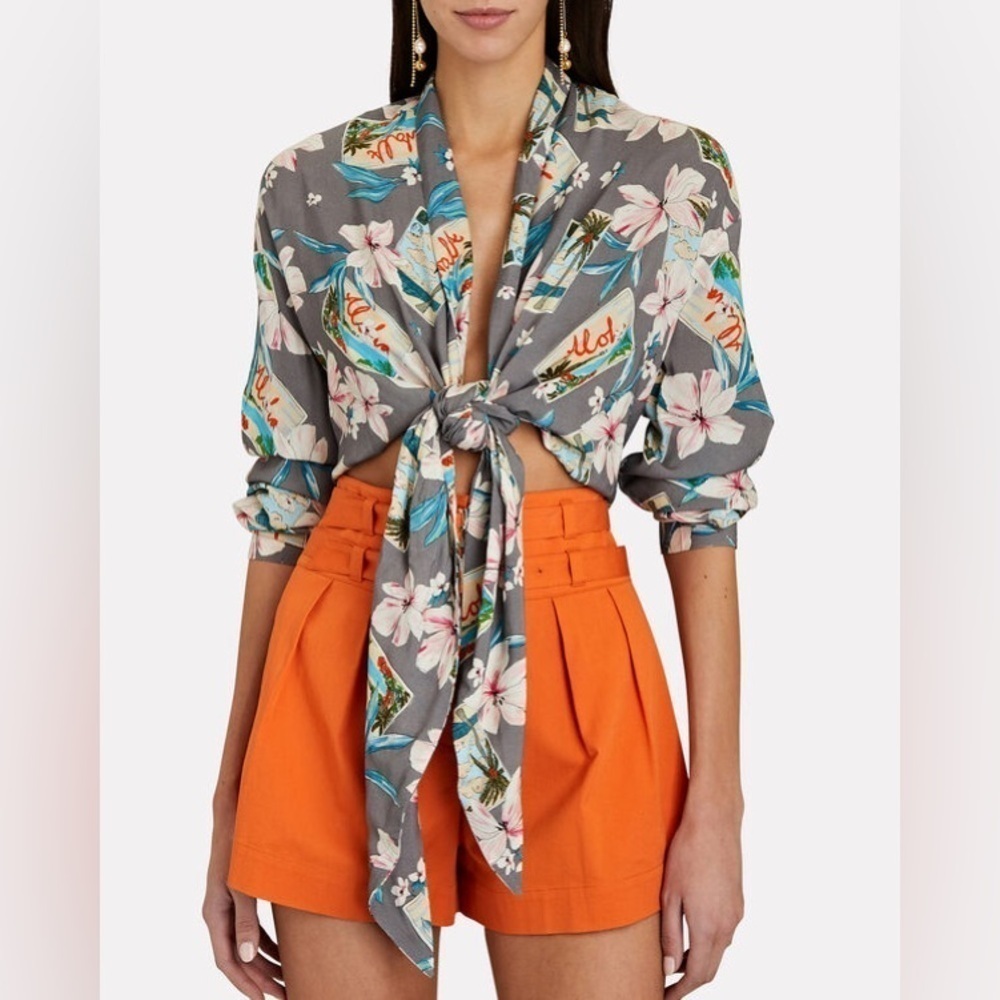 New! Le Superbe Topper Long Sleeve Tie Front Crop Aloha Fog Gray 🌺 Small NWT! - Picture 1 of 12